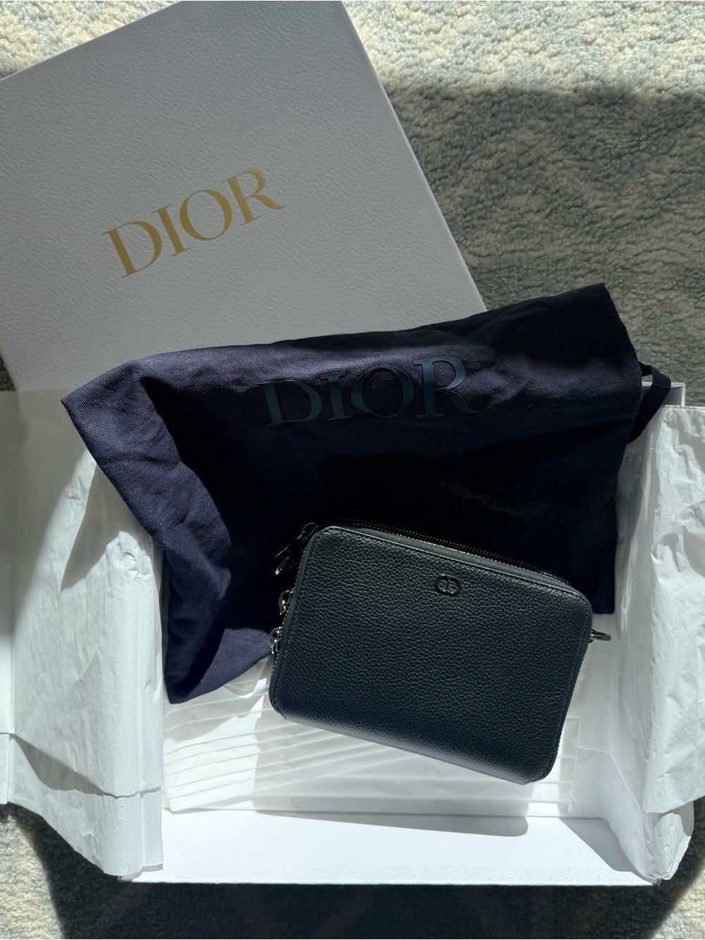 Dior CD Icon Zipped Pouch with Strap in Black Grained Calfskin